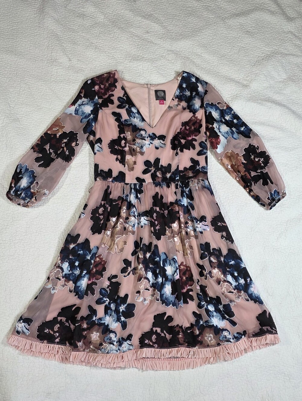 Vince Camuto Pink Floral Burnout Fit and Flare Dress With Added Ruffle Hem